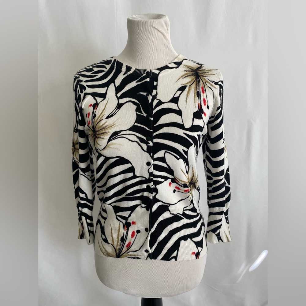 WHBM Cardigan Sweater Medium White Black Zebra Stripe Glitter Floral Print Snap